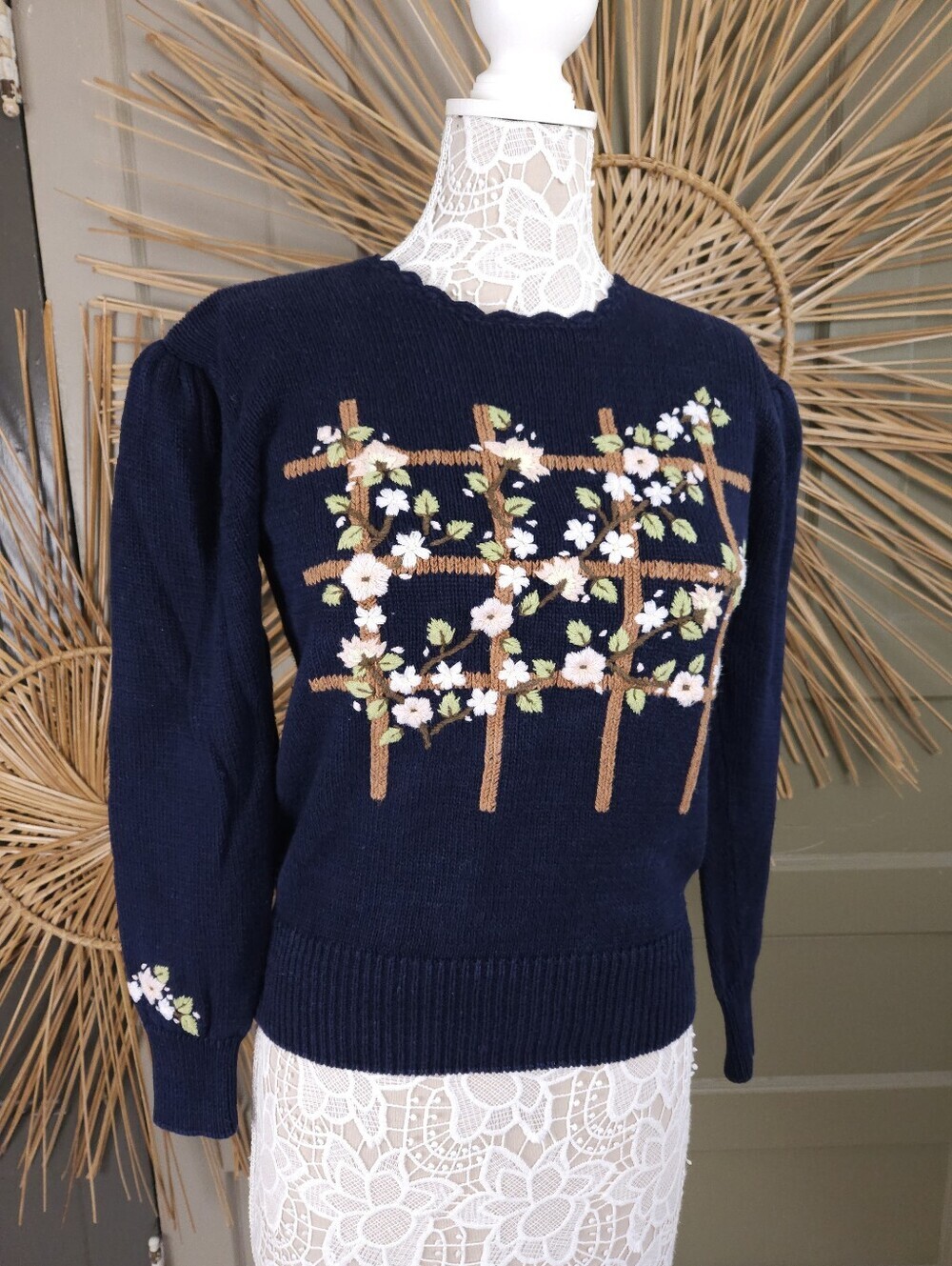 Bramble Lane Navy Blue Hand Embroidered Knit Cottage Sweater Womens M